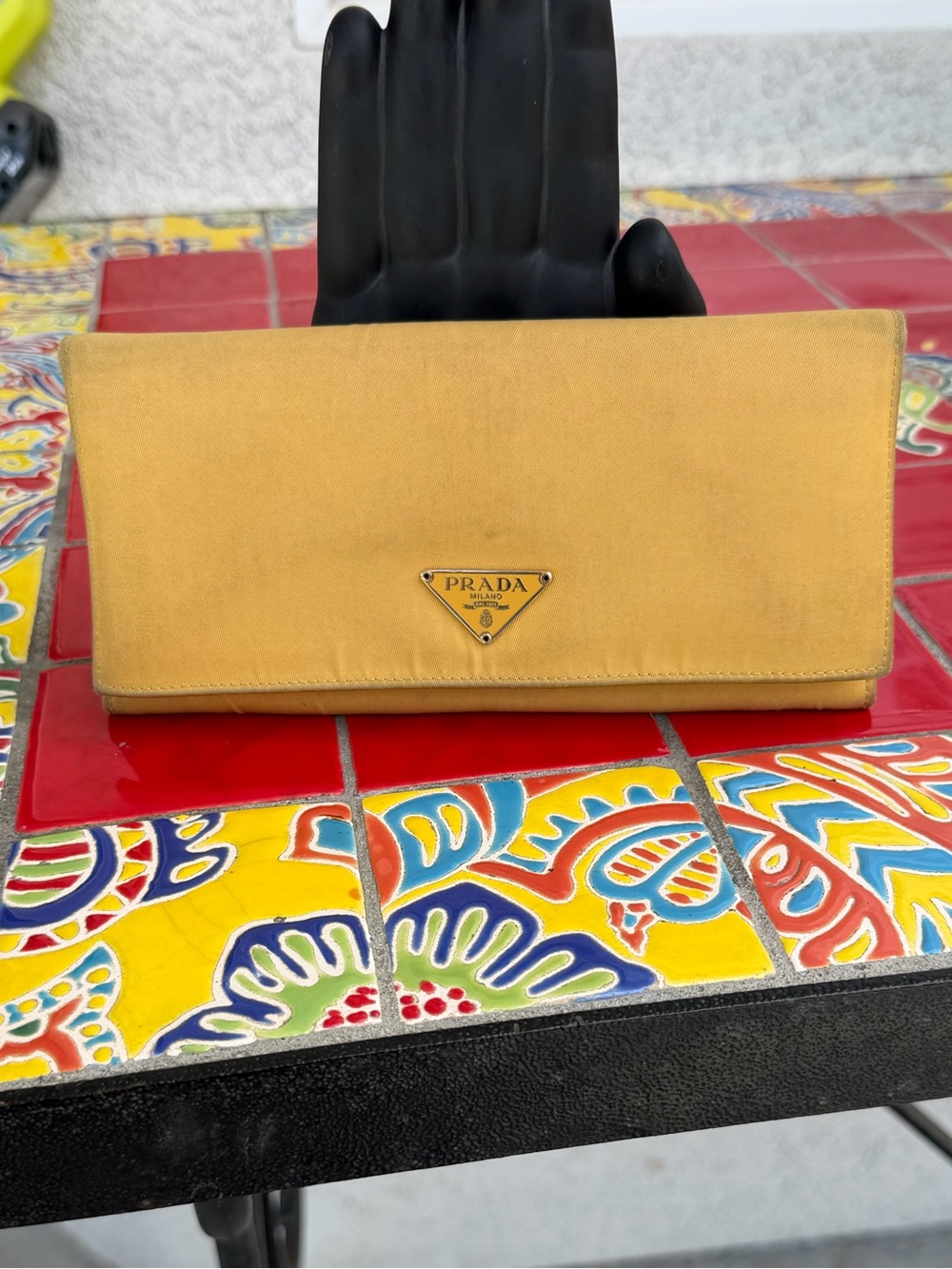 PRADA Logo Plate Nylon Long Bifold Wallet Yellow